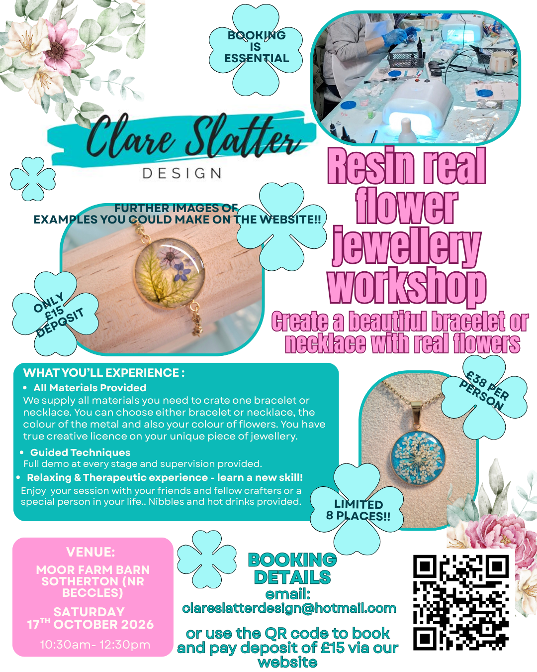 Real flower bracelet/necklace workshop- Moor Farm Barn Saturday 17th October 2026 10:30am £15 deposit only, full price £38pp