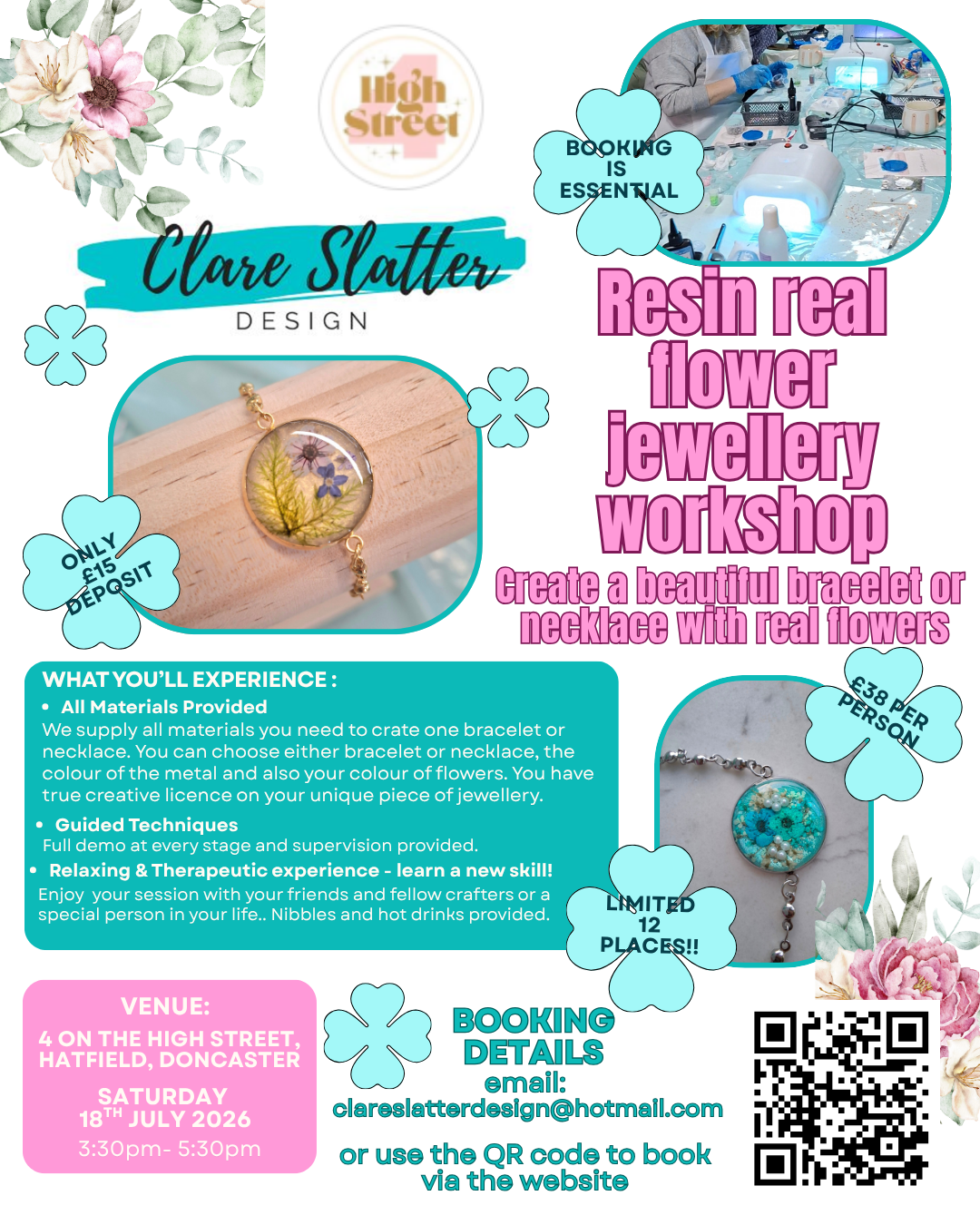 Real flower bracelet/necklace workshop- 4 on The High Street, Hatfield Doncaster, 18th July 2026 3:30pm