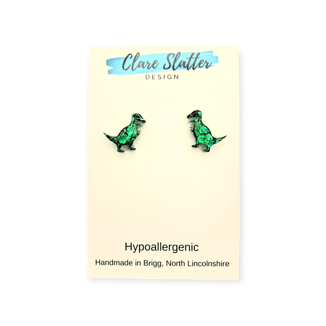 T-Rex green glitter small studs