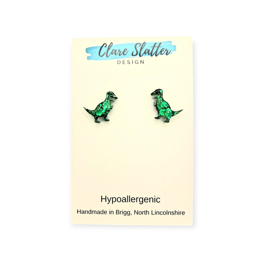 T-Rex green glitter small studs