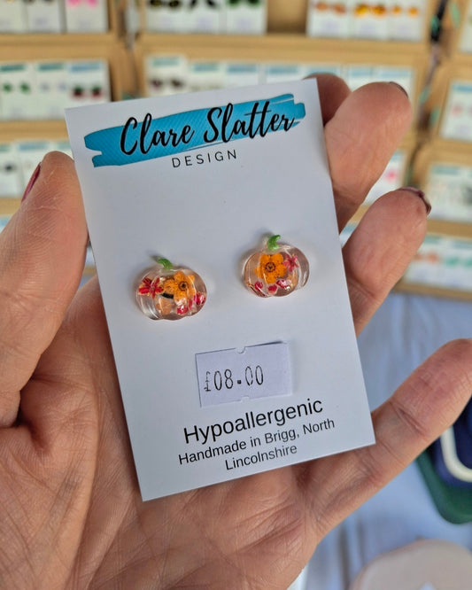 Real flower pumpkin stud earrings