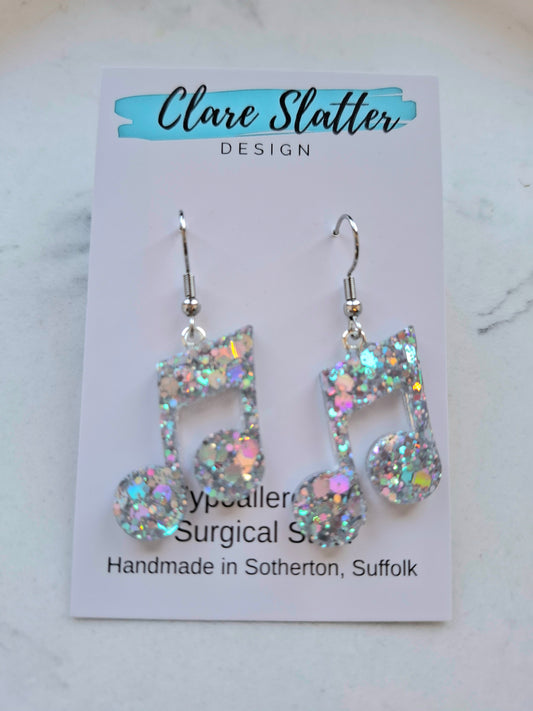 Silver holographic music note quaver dangles