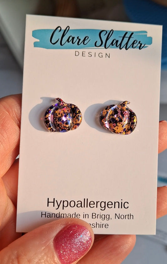 Glitter black and orange pumpkin studs