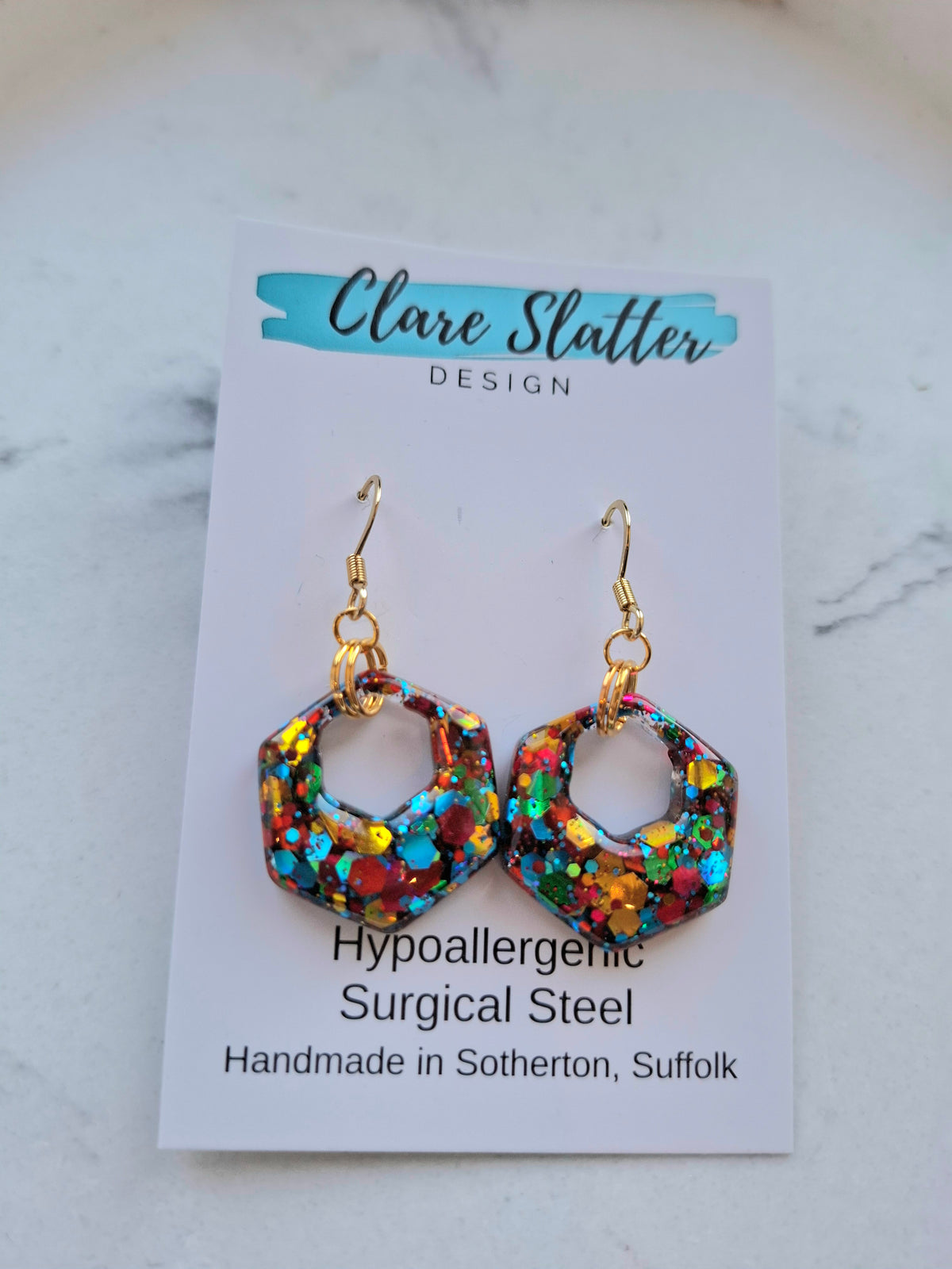 Multi colour open hexagon charm dangles