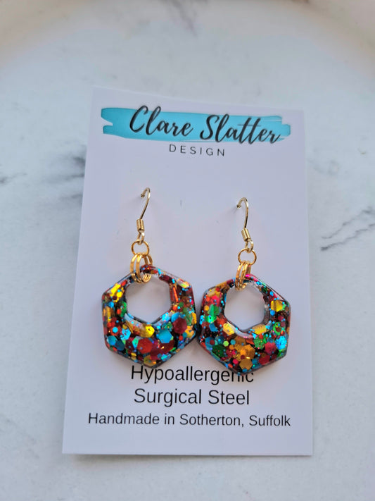 Multi colour open hexagon charm dangles