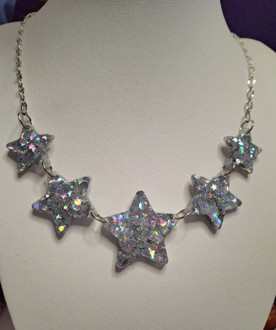 Glitter holographic silver stars necklace