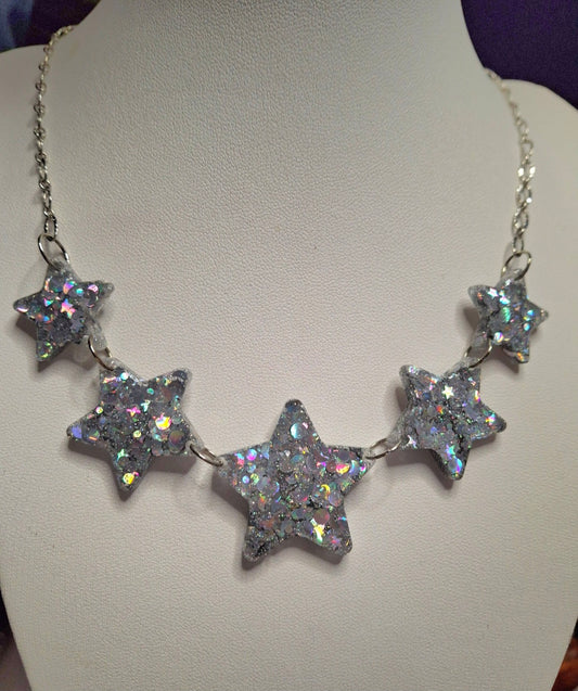 Glitter holographic silver stars necklace