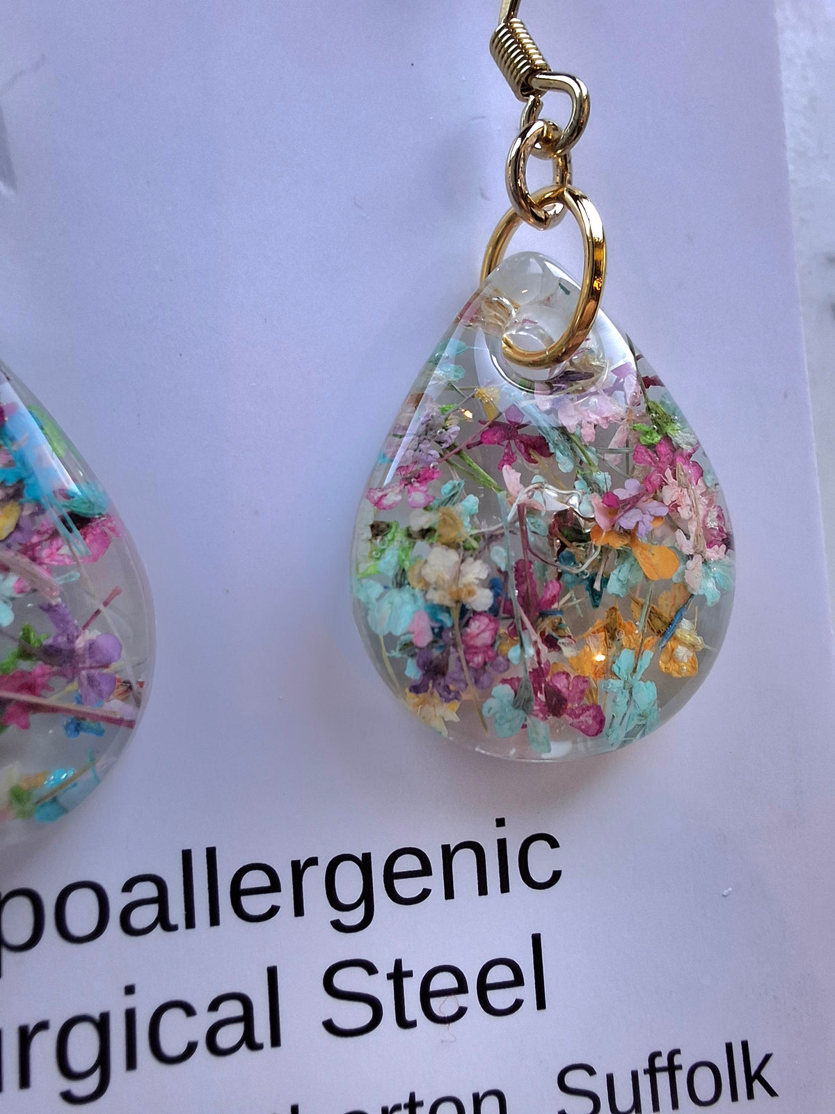Preserved tiny flower multi colour teardrop dangles