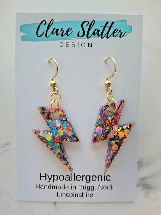 Lightening bolt disco glitter dangles