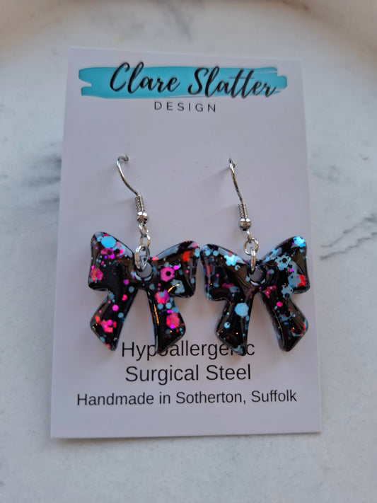 Black, blue and purple bow dangles