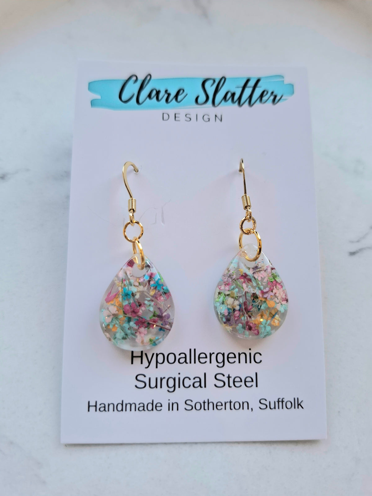 Preserved tiny flower multi colour teardrop dangles