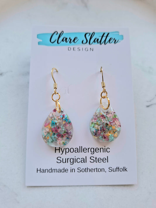 Preserved tiny flower multi colour teardrop dangles