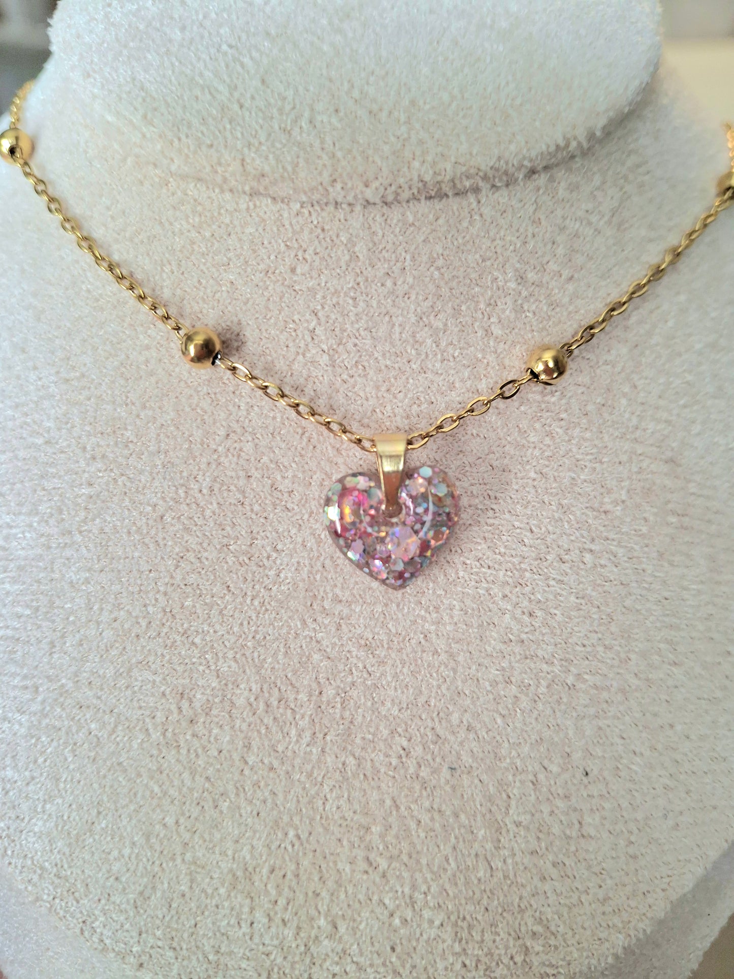 Pink Glitter heart pendant on satellite chain